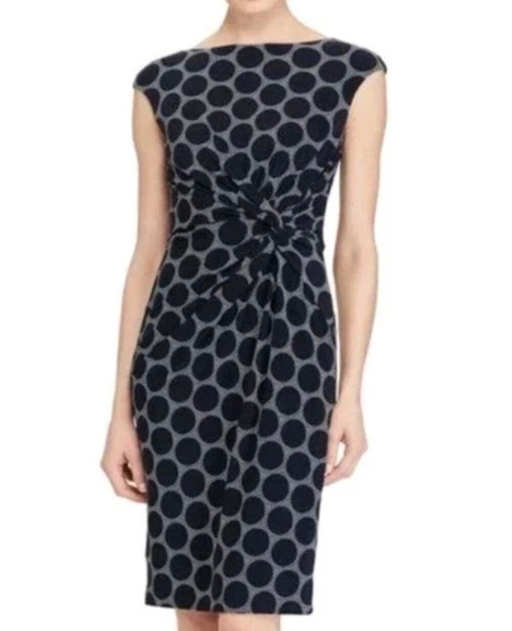 Lauren Ralph Lauren Dress Size 4 Petite Navy Blue Faux Wrap Jersey Knit Classic